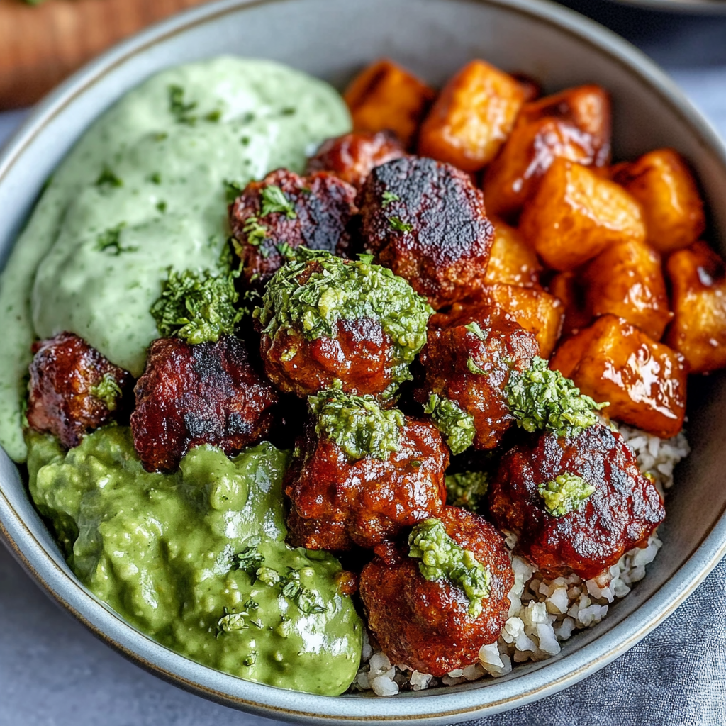Barbecue Meatball Bowls with Avocado Goddess Sauce