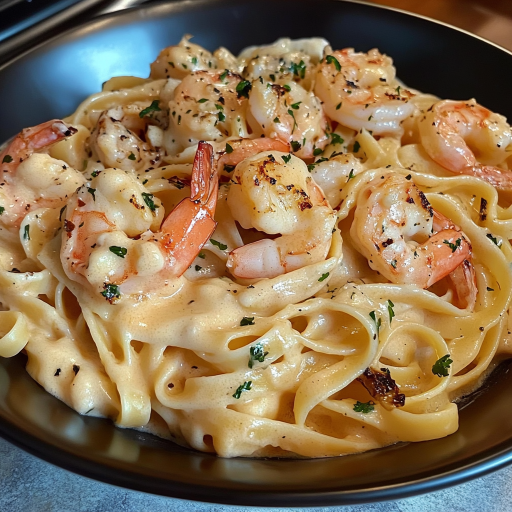 Pasta spaghetti with grilled shrimps bechamel sauce