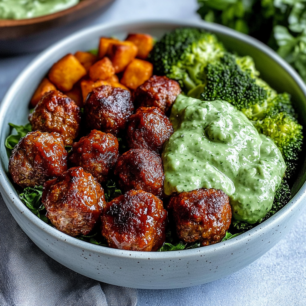 Barbecue Meatball Bowls with Avocado Goddess Sauce