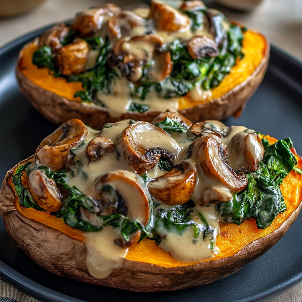 Creamy Mushroom and Spinach Stuffed Sweet Potatoes