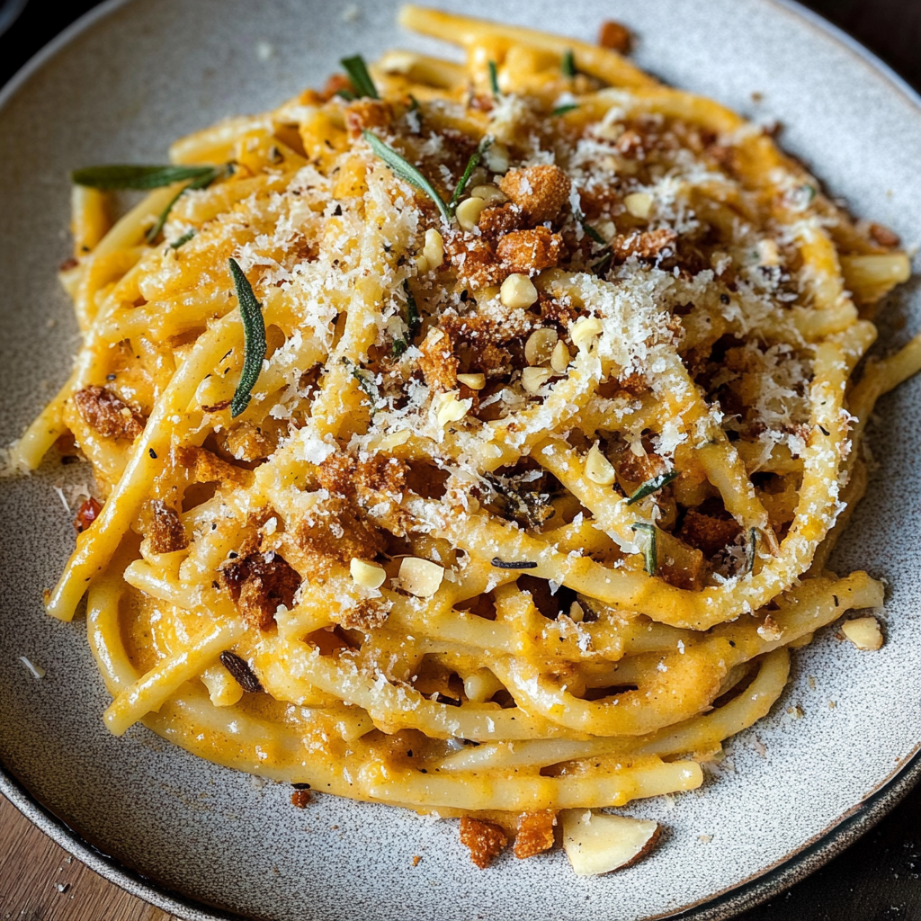Creamy Pumpkin Pasta with Rosemary Almond Breadcrumbs