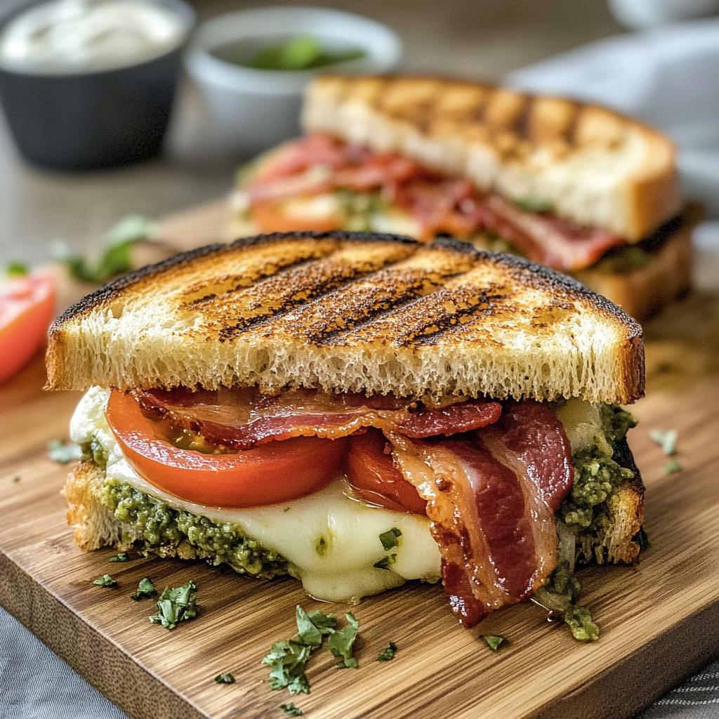 Gourmet Pesto Grilled Cheese with Crispy Bacon and Fresh Tomatoes