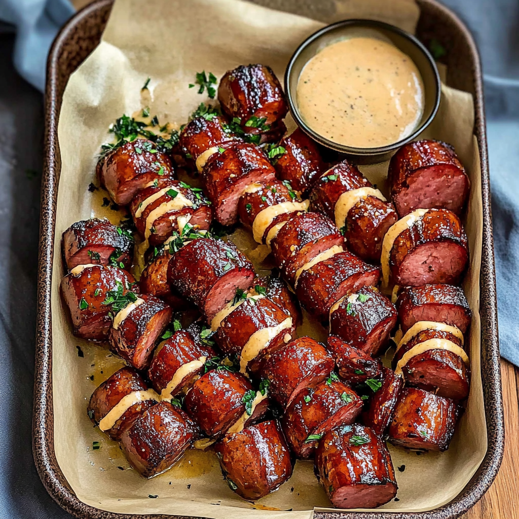 Mustard Hasselback Kielbasa Bites