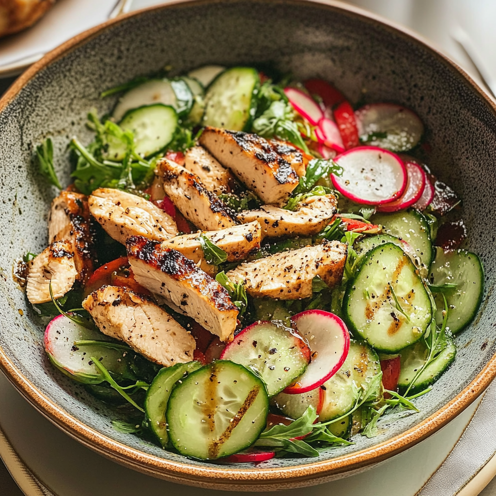 Radish Cucumber Salad with Black Pepper Chicken
