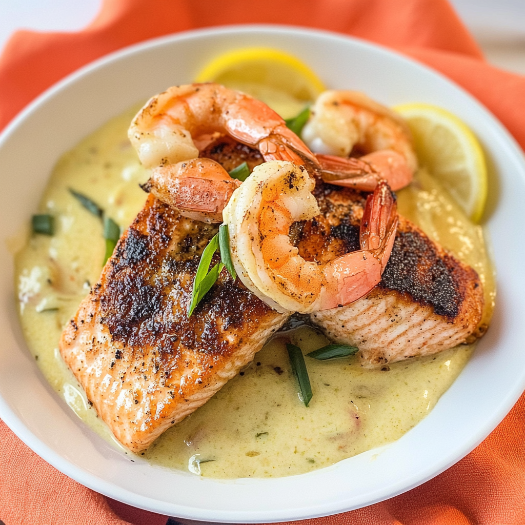 Cajun Salmon and Shrimp with Pepper Cream Sauce
