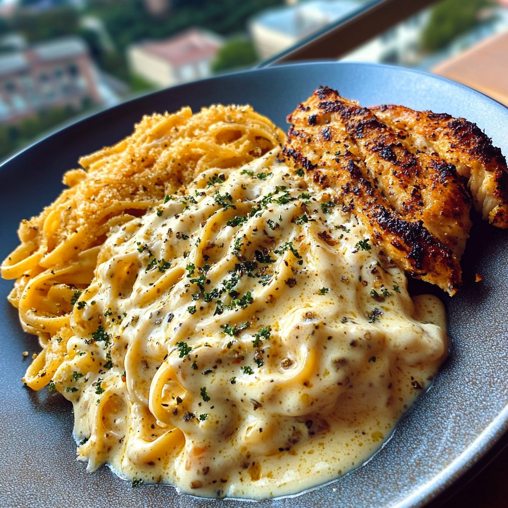 Chicken in Cheesy Alfredo Three-Cheese Linguine Sauce
