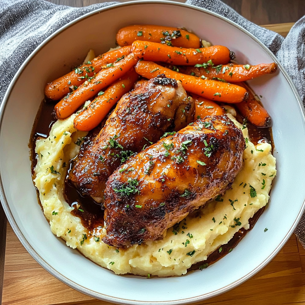 Honey Balsamic Chicken Thighs with Goat Cheese Mashed Potatoes and Roasted Carrots