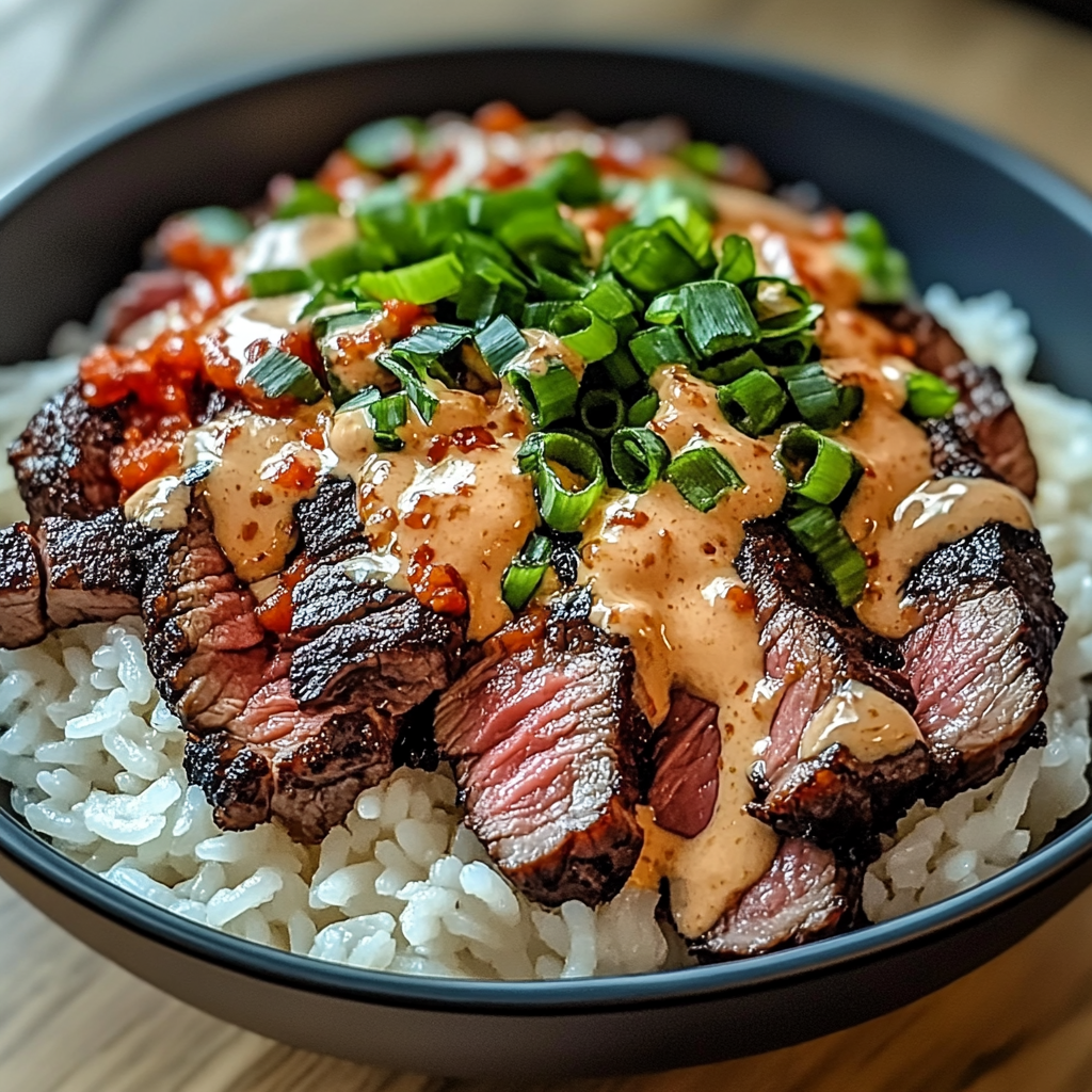 Korean BBQ Steak Rice Bowls with Spicy Cream Sauce