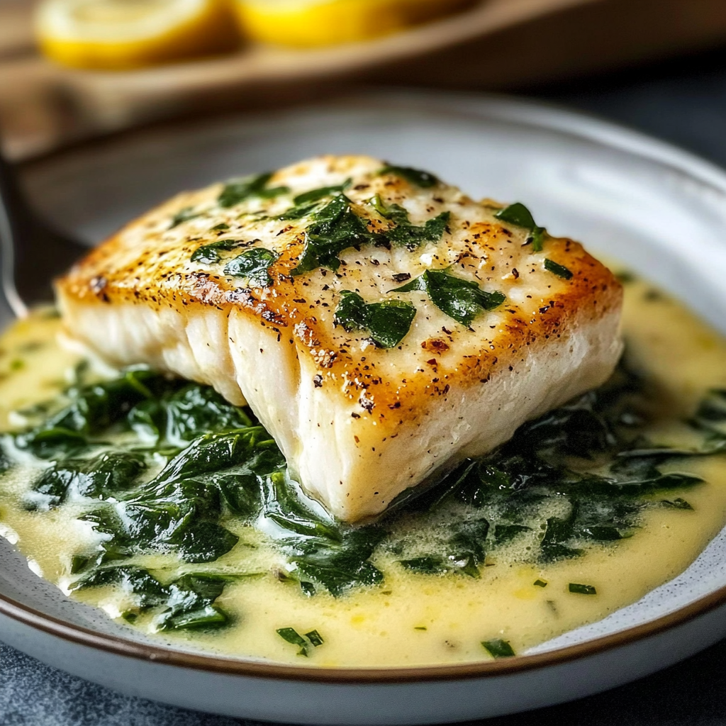 Lemon-Garlic Sea Bass with Creamed Spinach