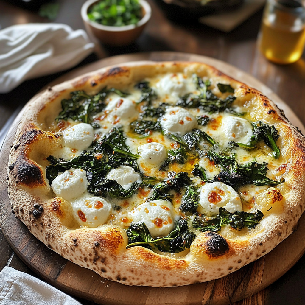 Mozzarella pizza with sautéed greens and garlic
