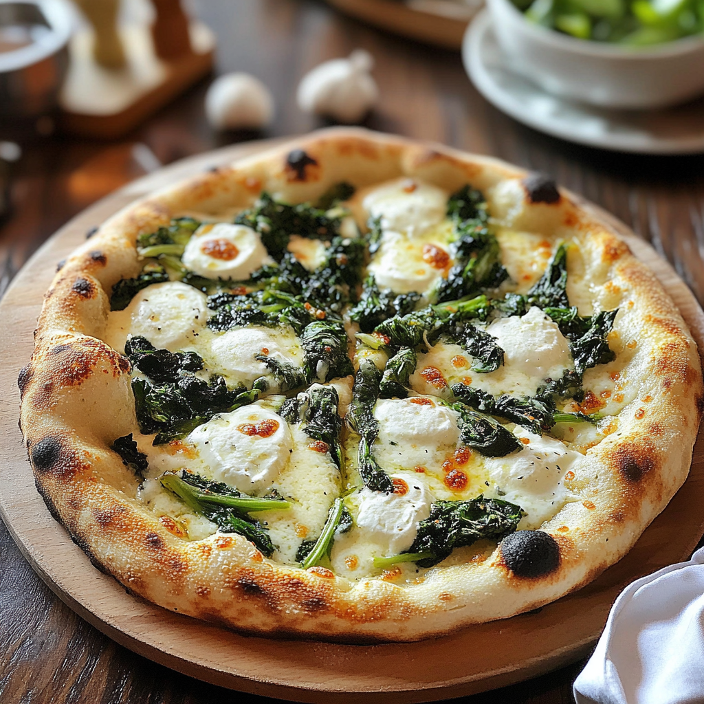 Mozzarella pizza with sautéed greens and garlic