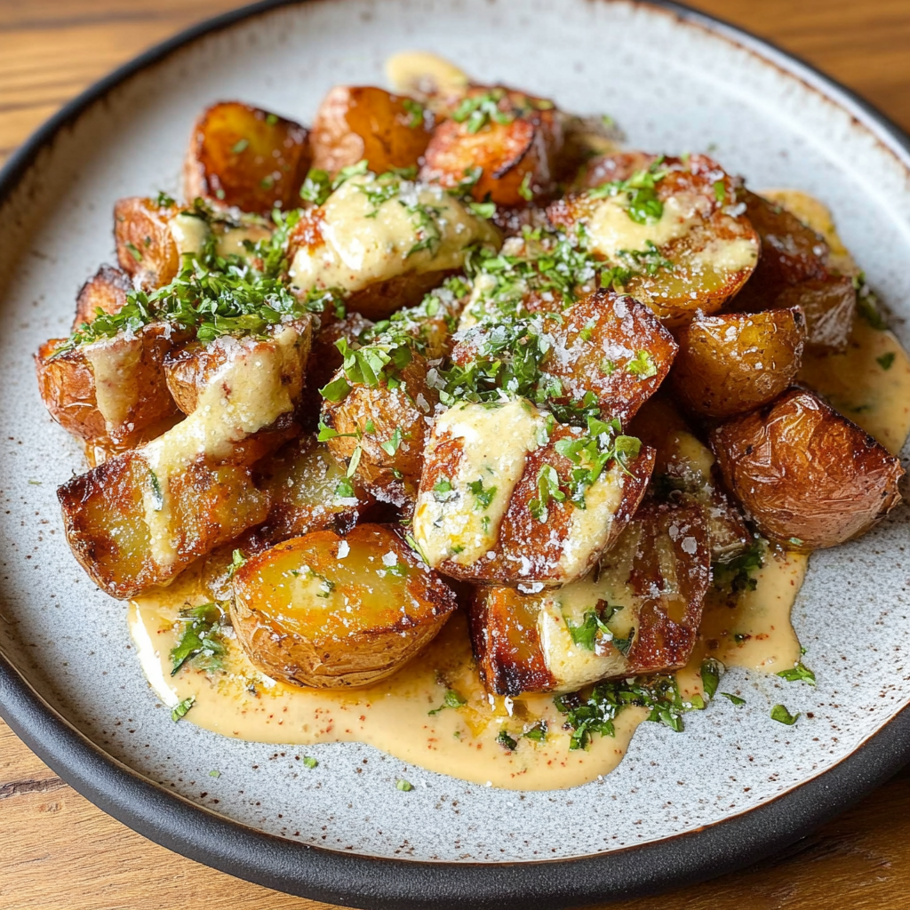 Pecorino Garlic Potatoes over Harissa Mayo