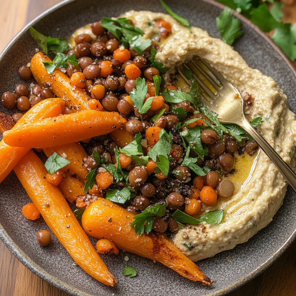 Roasted Carrots and Lentil Salad with Hummus
