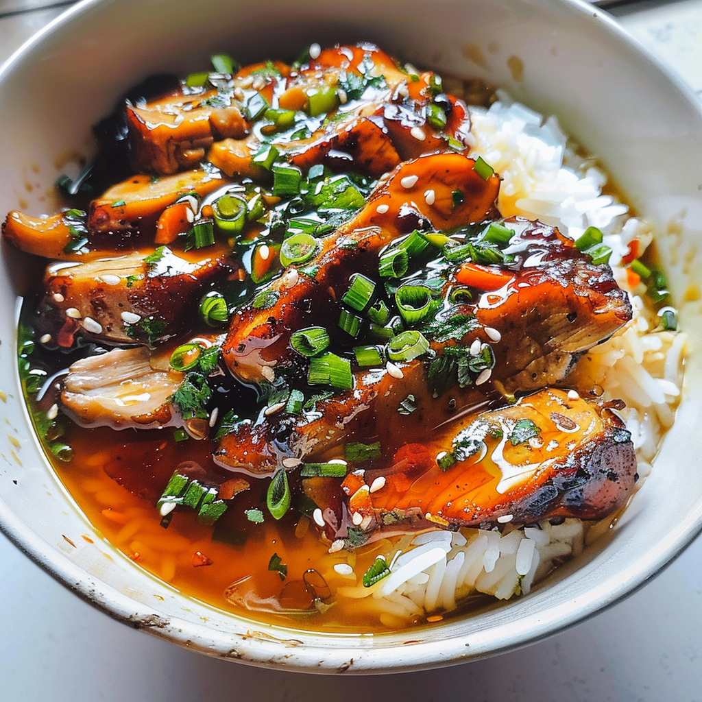 Caramelised Soy Chicken in Garlic Ginger Broth with Rice
