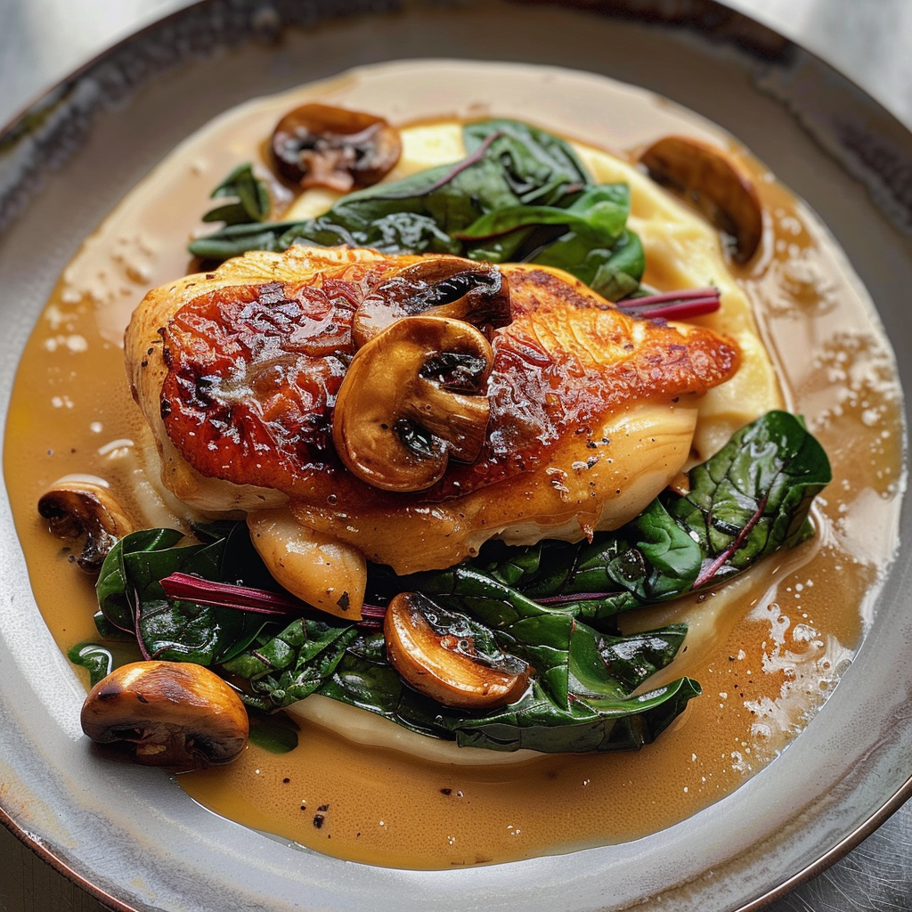 Chicken With Mushroom Purée and Swiss Chard