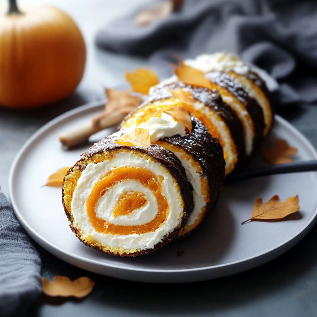 Pumpkin Cake Roll with Mascarpone Whipped Cream