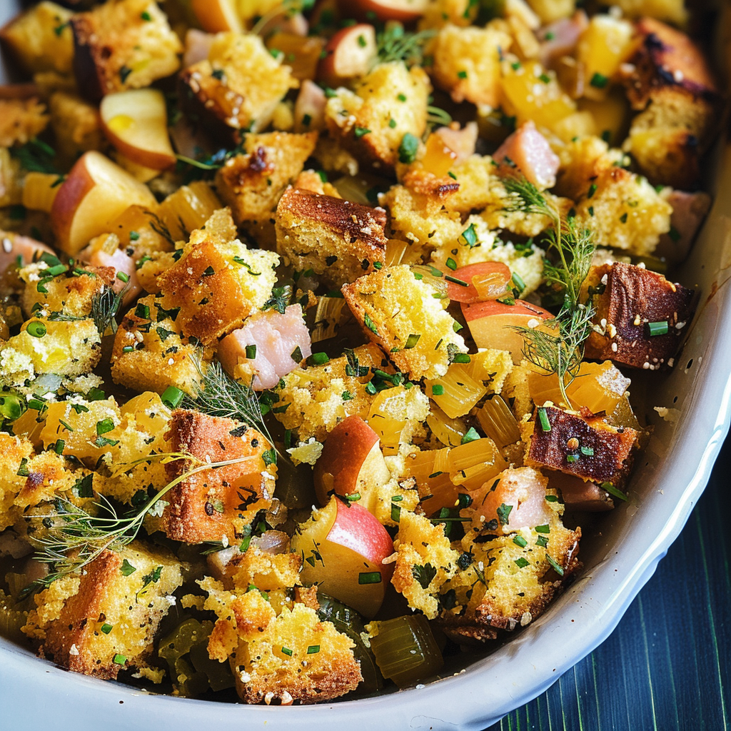 Cornbread and Ham Stuffing with Caramelized Apples and Fennel