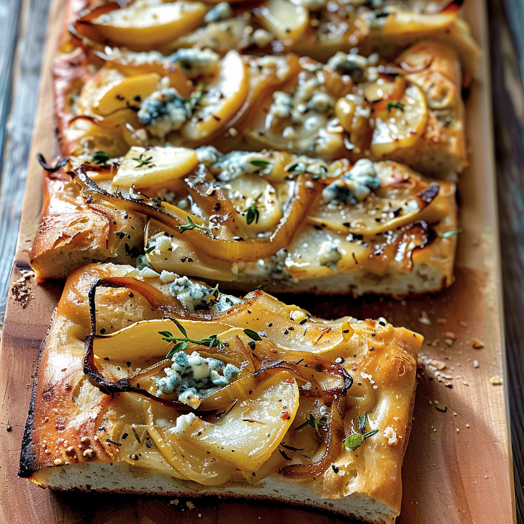 Focaccia with Caramelized Onions, Pear and Blue Cheese