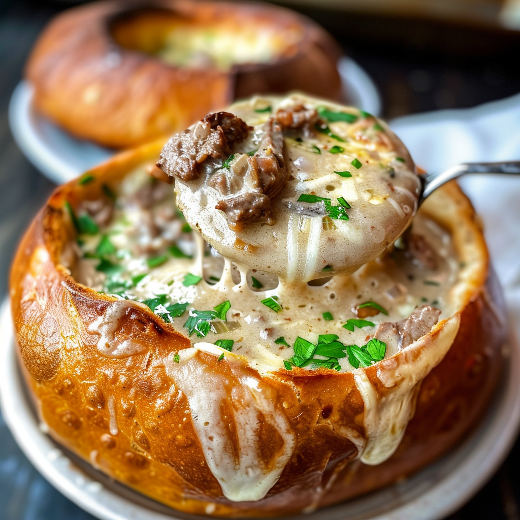 Philly Cheese Steak Soup in a Bread Bowl Recipe