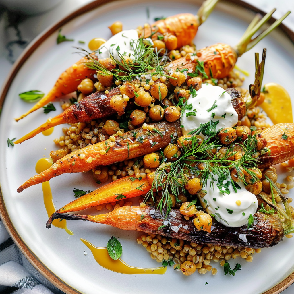 Roasted Carrots with Farro, Chickpeas & Herbed Crème Fraîche