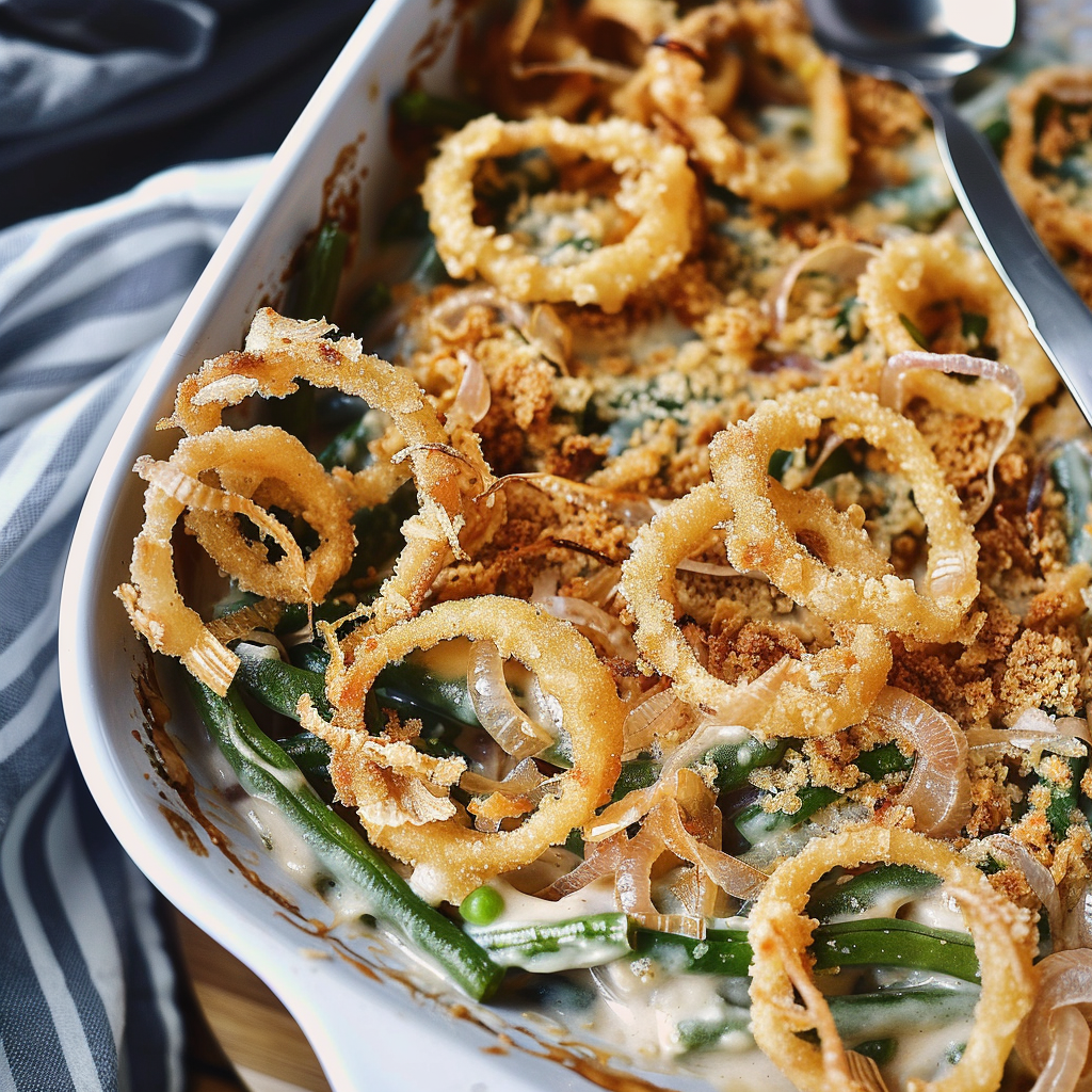 green bean casserole with onion rings