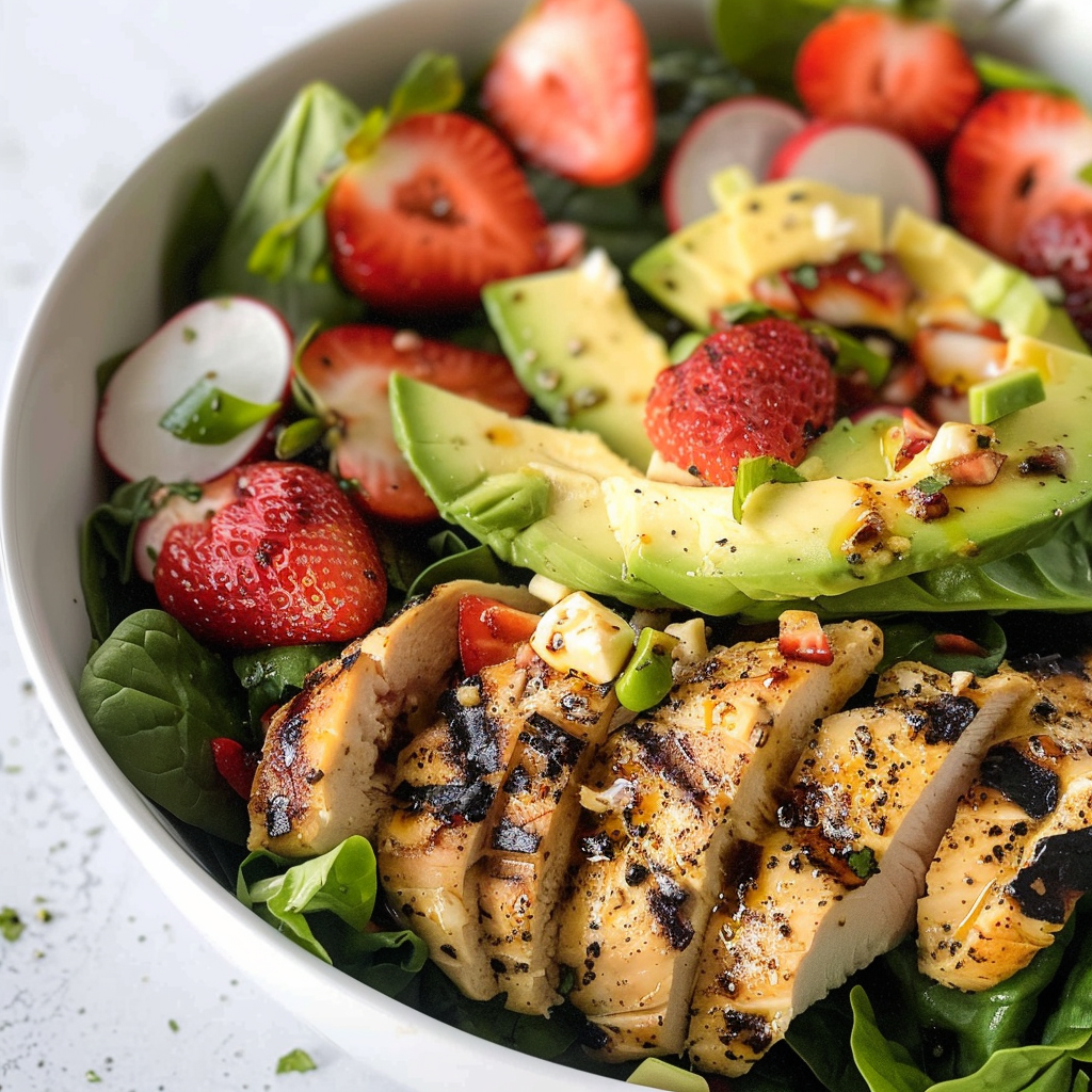 Avocado Strawberry Spinach Salad with Grilled Chicken