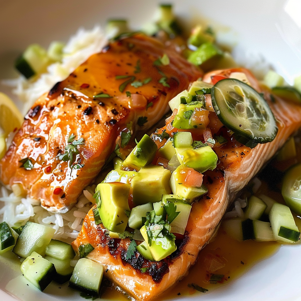 Bang Bang Salmon with Avocado Cucumber Salsa