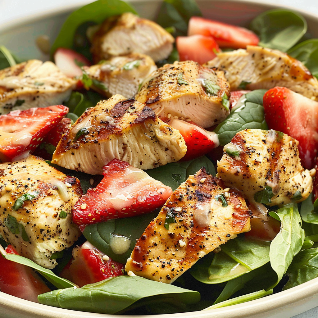 Chicken Strawberry Spinach Salad with Ginger-Lime Dressing