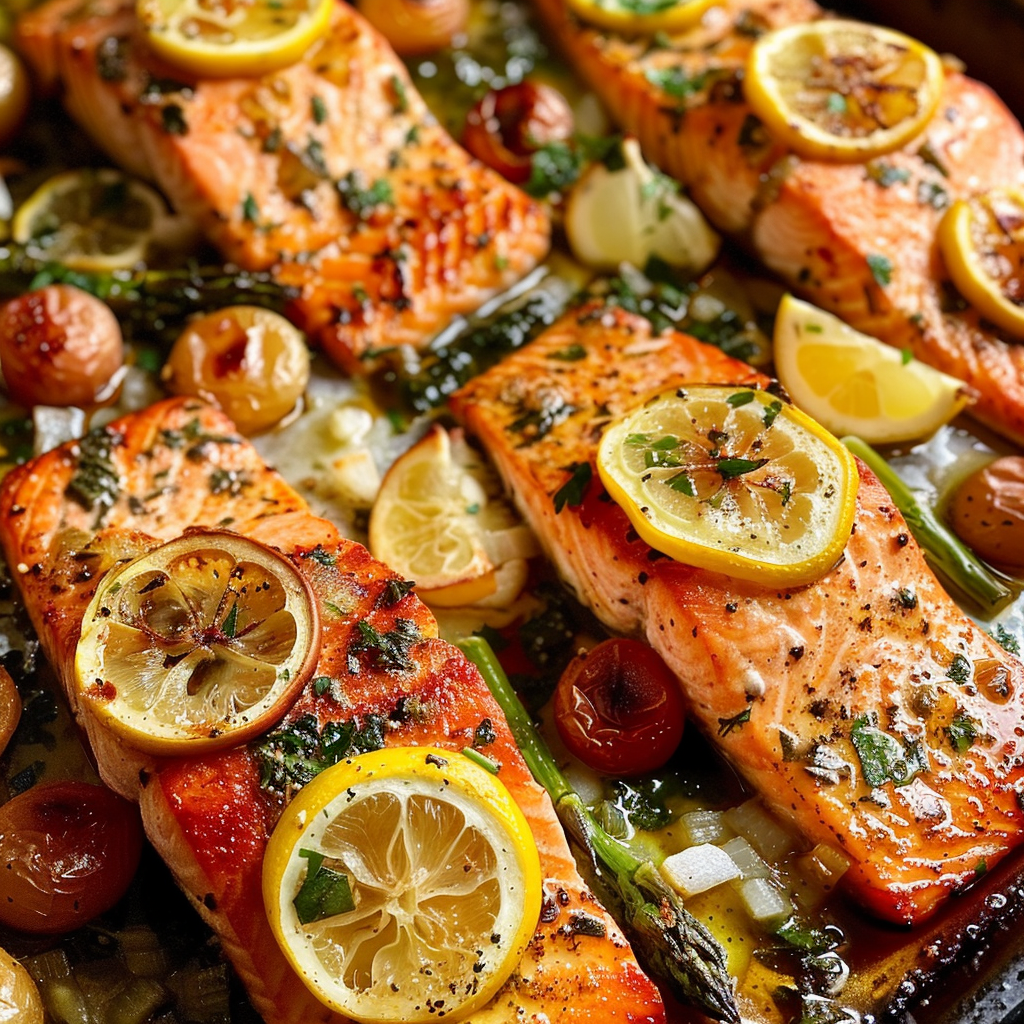 Lemon garlic salmon tray bake