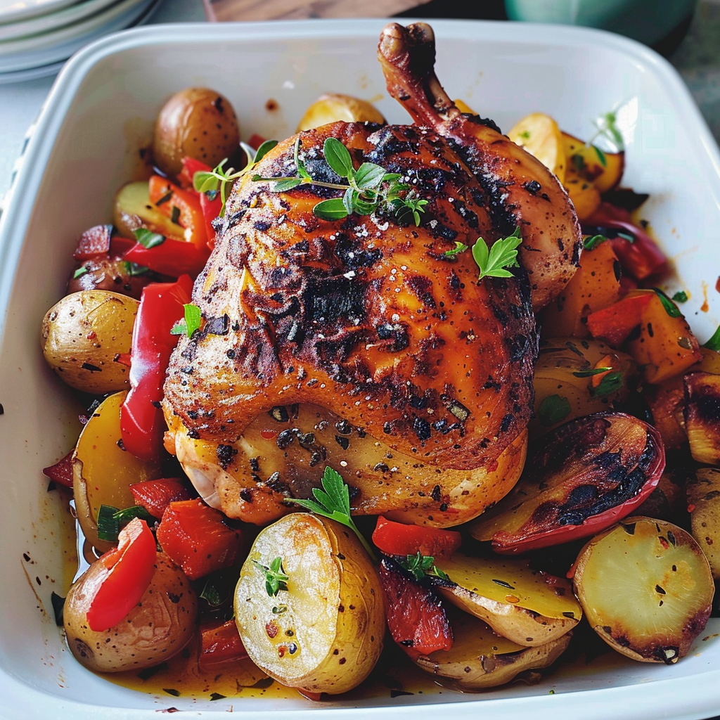 Paprika-roast chicken with potatoes and peppers