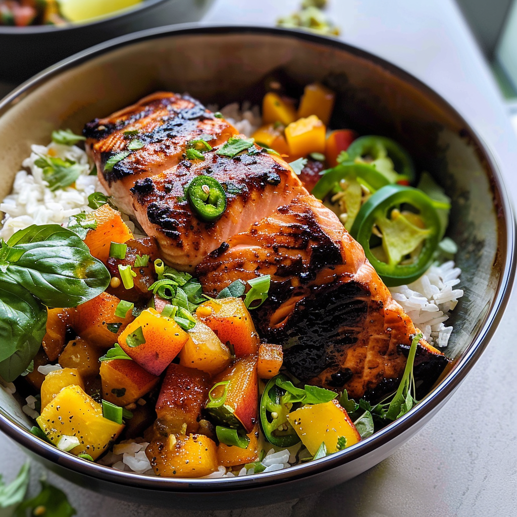 Crispy BBQ Salmon Bowls with Roasted Jalapeño Peach Salsa