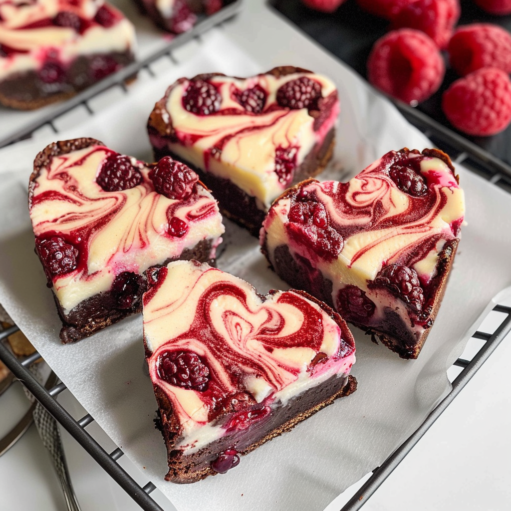 Heart Shaped Brownies with Raspberry Swirl & Cheesecake