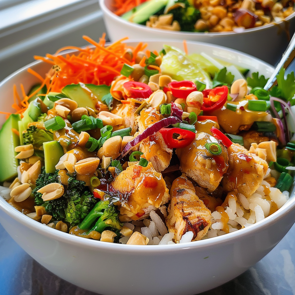 High Protein Thai Peanut Chicken Buddha Bowl