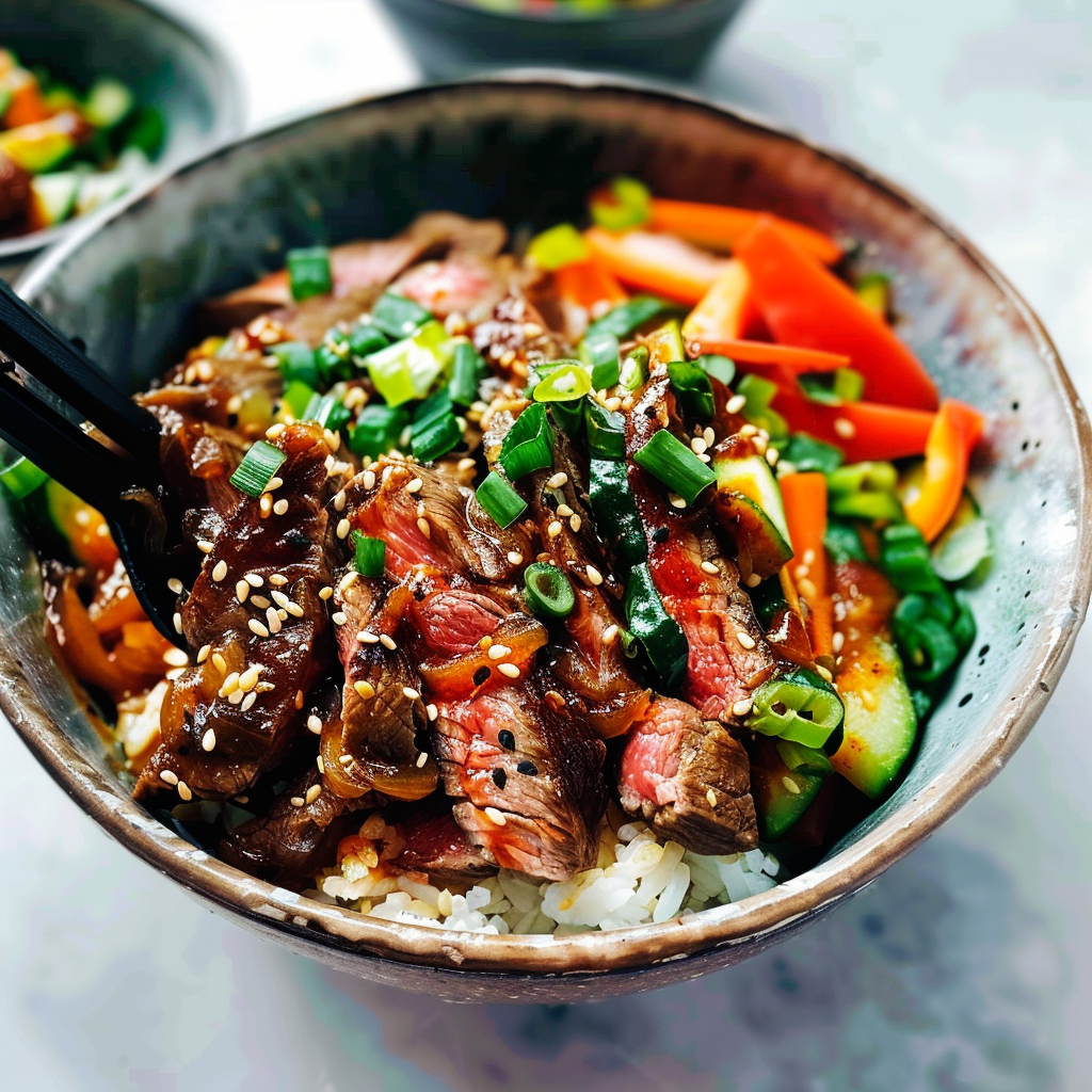 Korean BBQ Steak Bowls with Spicy Sesame Dressing
