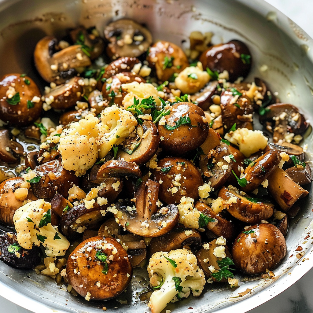 Sauteed mushrooms with cauliflower crumbles recipe