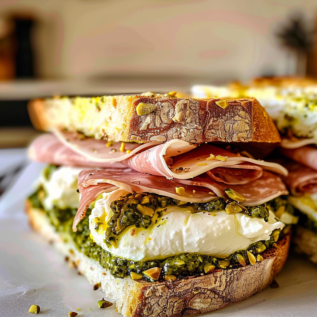 Burrata Sandwich with Mortadella & Pistachio Pesto