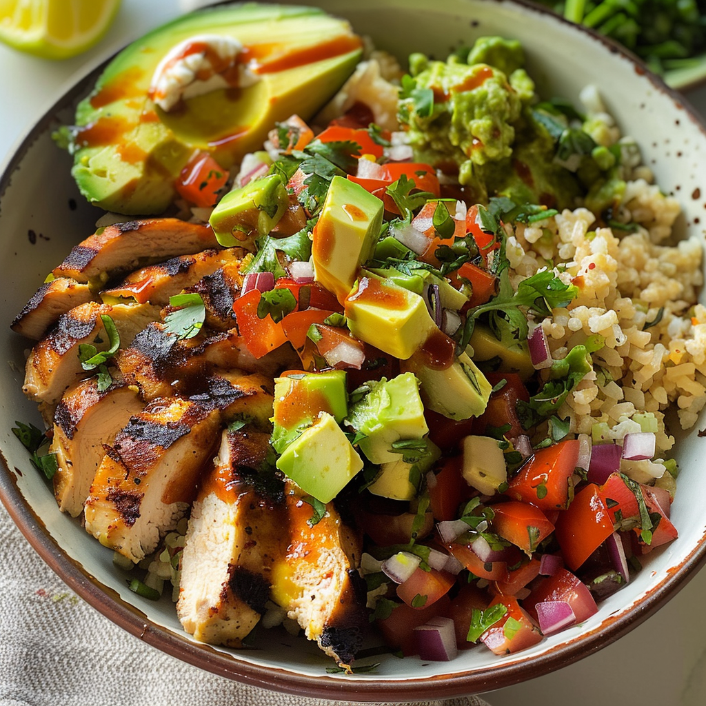 Grilled Chicken Burrito Bowls with Avocado Salsa