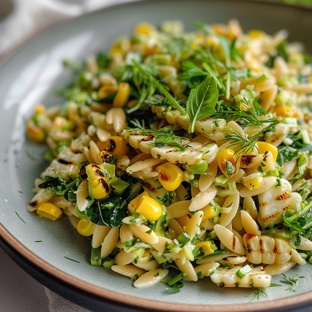 Grilled Corn Orzo Salad with Scallion Dill Dressing