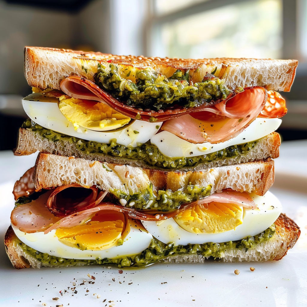 Pesto Eggs and Crispy Mortadella Sandwich