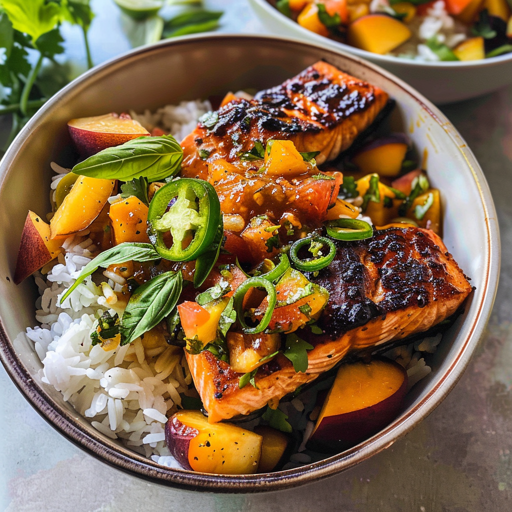 SUMMER DINNER: Crispy BBQ Salmon Bowls with Roasted Jalapeño Peach Salsa