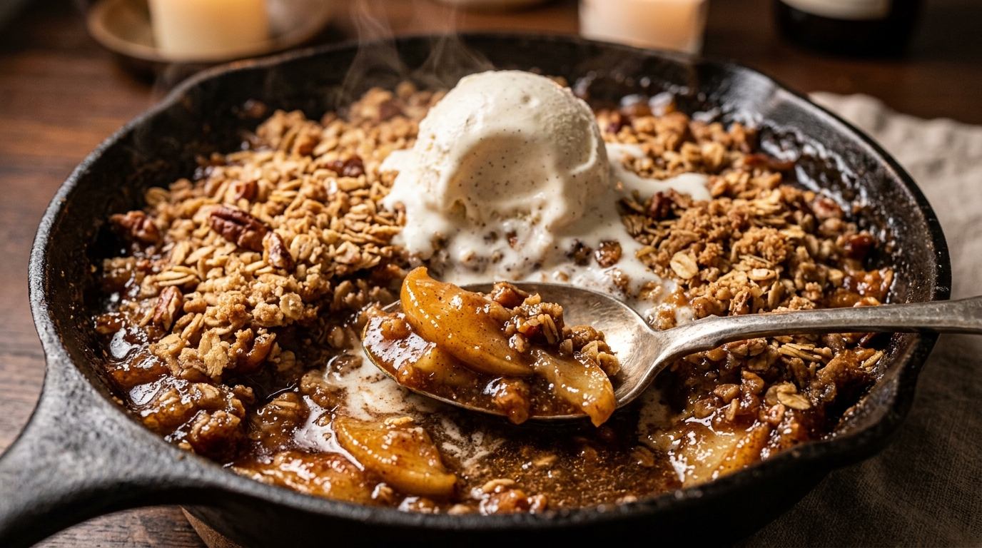 Ultra close-up macro of Brown Butter Cinnamon Apple Crisp bubbling with golden brown oat streusel topping and melting vanilla ice cream