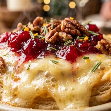Ultra close-up macro of bubbling molten cranberry pecan baked brie bites in golden flaky puff pastry cups
