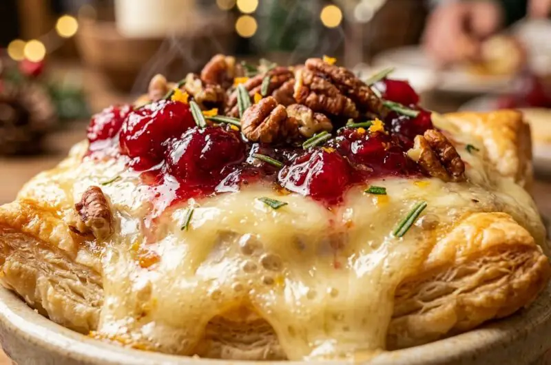 Ultra close-up macro of bubbling molten cranberry pecan baked brie bites in golden flaky puff pastry cups