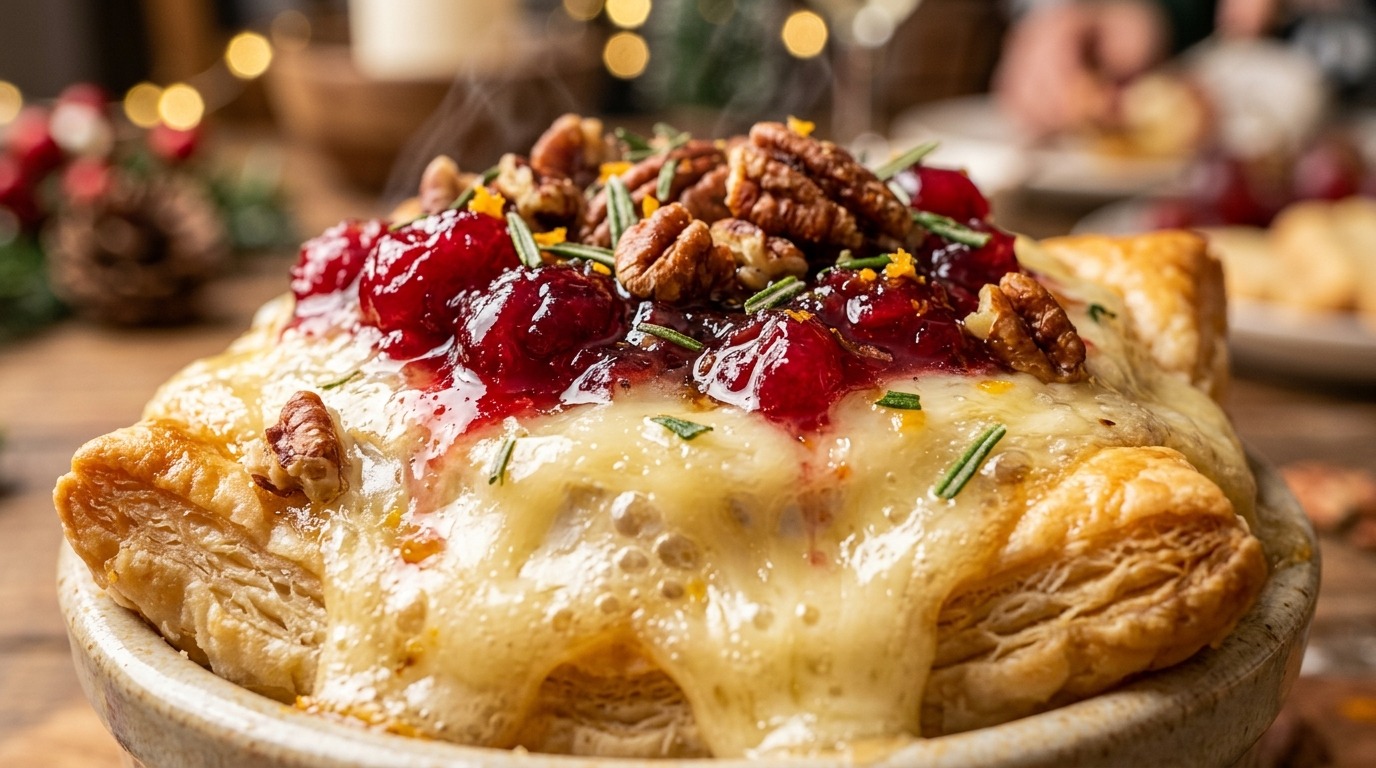 Ultra close-up macro of bubbling molten cranberry pecan baked brie bites in golden flaky puff pastry cups