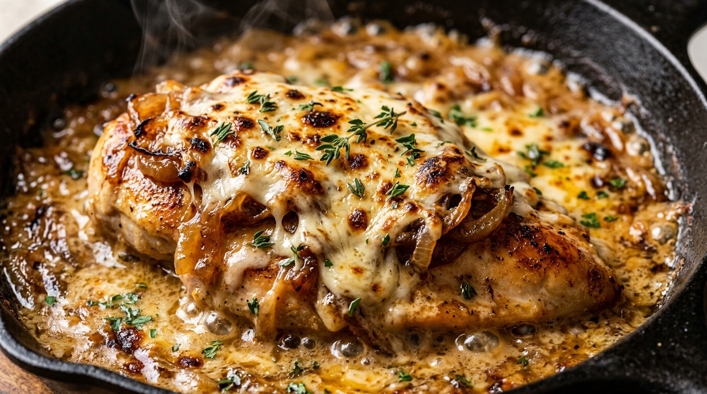 Ultra close-up macro of Creamy French Onion Chicken Skillet with deeply caramelized onions and bubbling golden Gruyere cheese