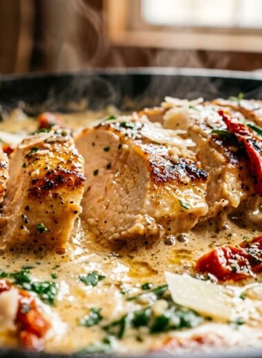 Extreme macro close-up of golden sliced creamy Tuscan garlic butter chicken breast simmering in velvety Parmesan sauce with sun-dried tomatoes and spinach