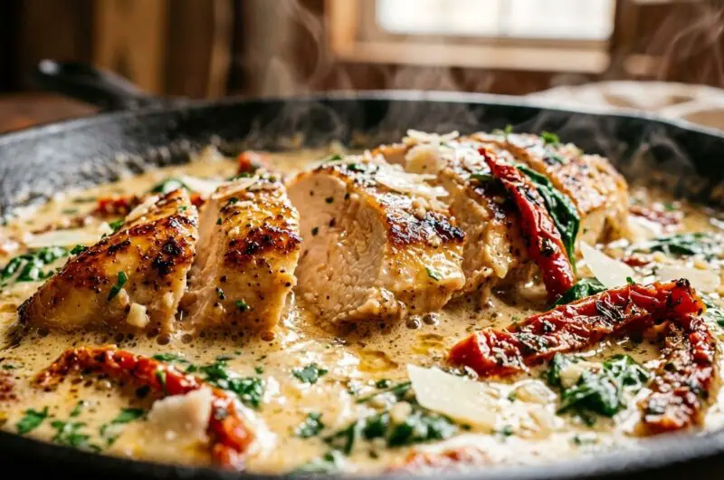 Extreme macro close-up of golden sliced creamy Tuscan garlic butter chicken breast simmering in velvety Parmesan sauce with sun-dried tomatoes and spinach