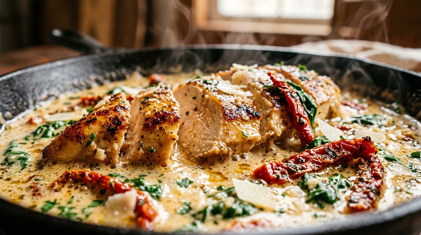 Extreme macro close-up of golden sliced creamy Tuscan garlic butter chicken breast simmering in velvety Parmesan sauce with sun-dried tomatoes and spinach