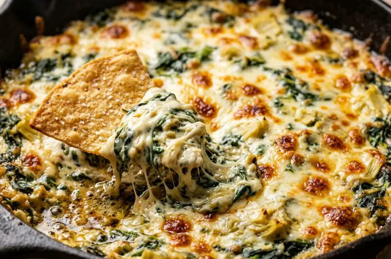 Extreme macro close-up of hot bubbly baked spinach artichoke dip in cast iron skillet with golden blistered melted cheese and crispy tortilla chip scooping with cheese pull
