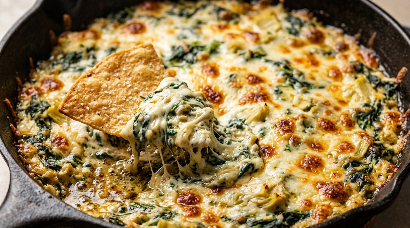 Extreme macro close-up of hot bubbly baked spinach artichoke dip in cast iron skillet with golden blistered melted cheese and crispy tortilla chip scooping with cheese pull